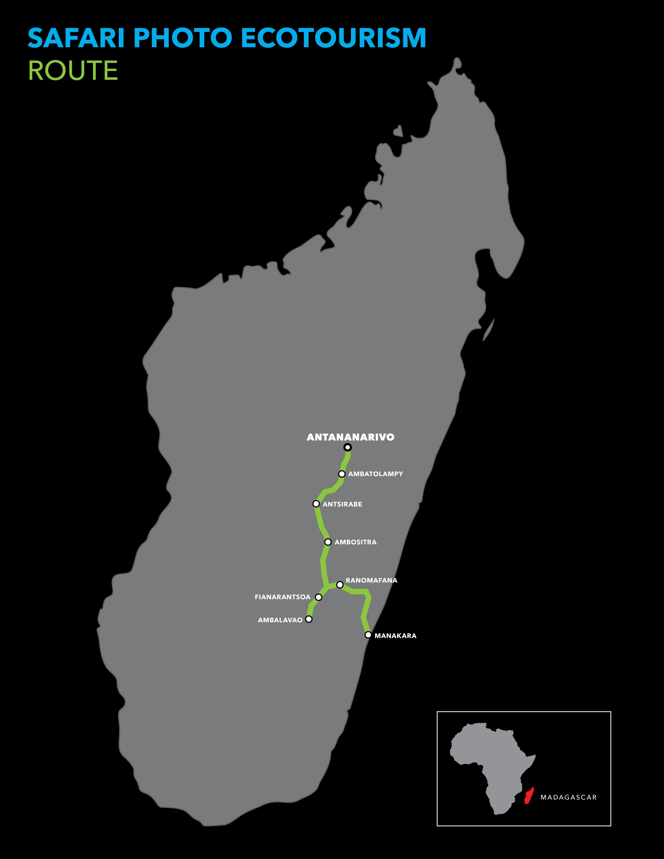 Map of Madagascar showing the Safari Photo Ecotourism route from Antananarivo to Manakara